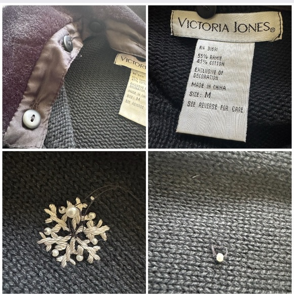 Vintage Victoria Jones Black Faux Fur Christmas Poinsettia Cardigan Size Medium - Picture 8 of 12